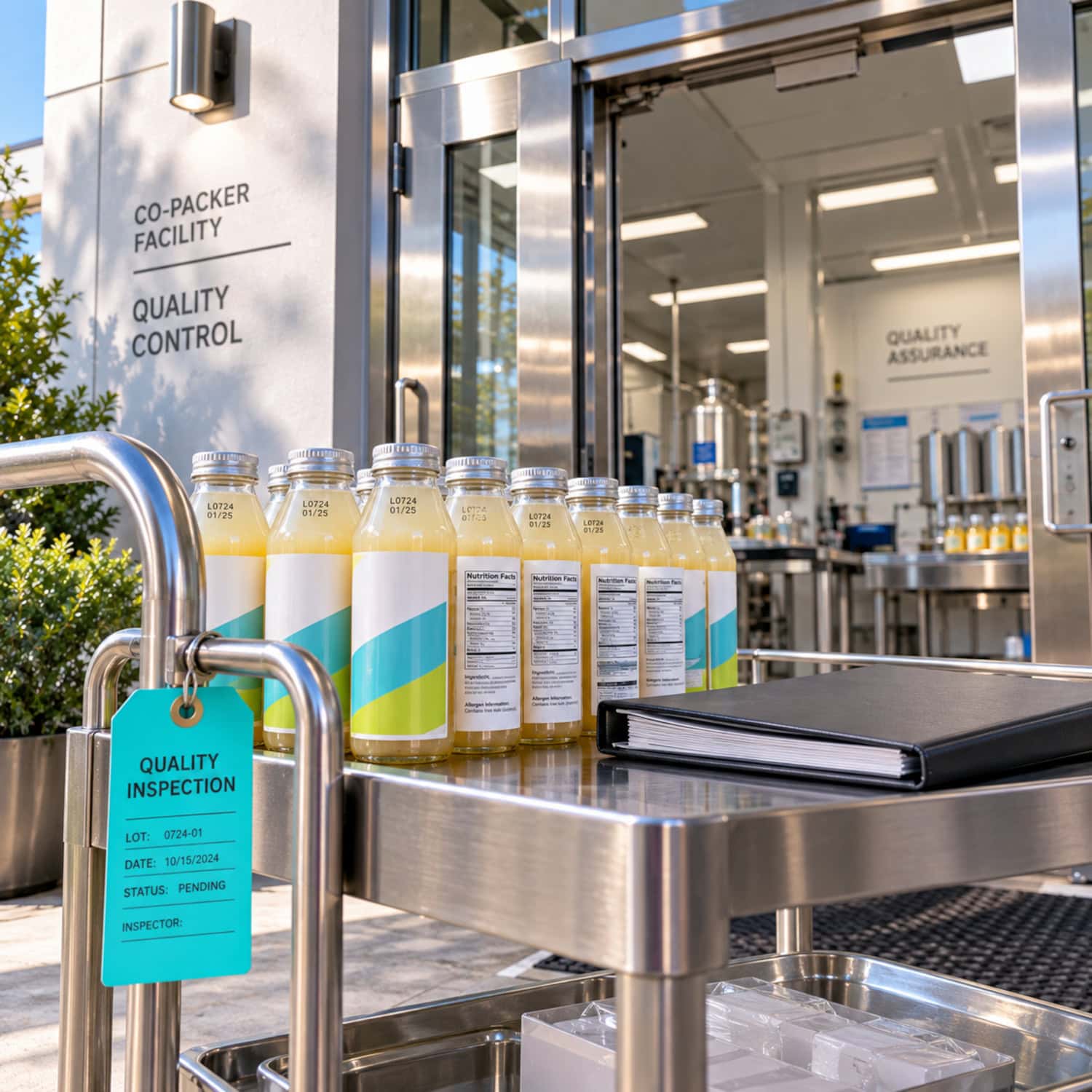 Beverage company compliance scene with labeled bottles, a permit binder, and a clean co-packer quality entrance.