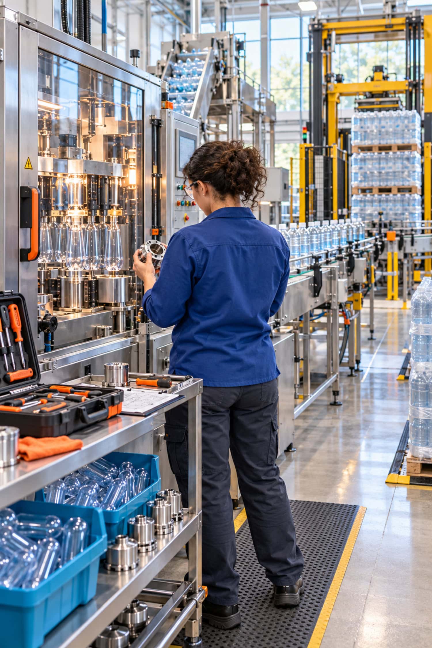 Bottled water business operator checks service tools beside a bottle-blowing station and pallet-handling line.