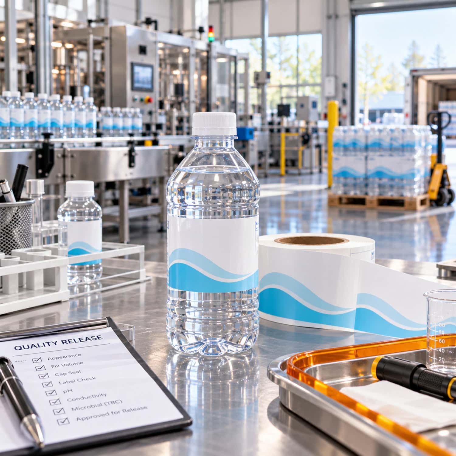 Bottled water business quality sample from a controlled first run sits beside an approved generic label roll.
