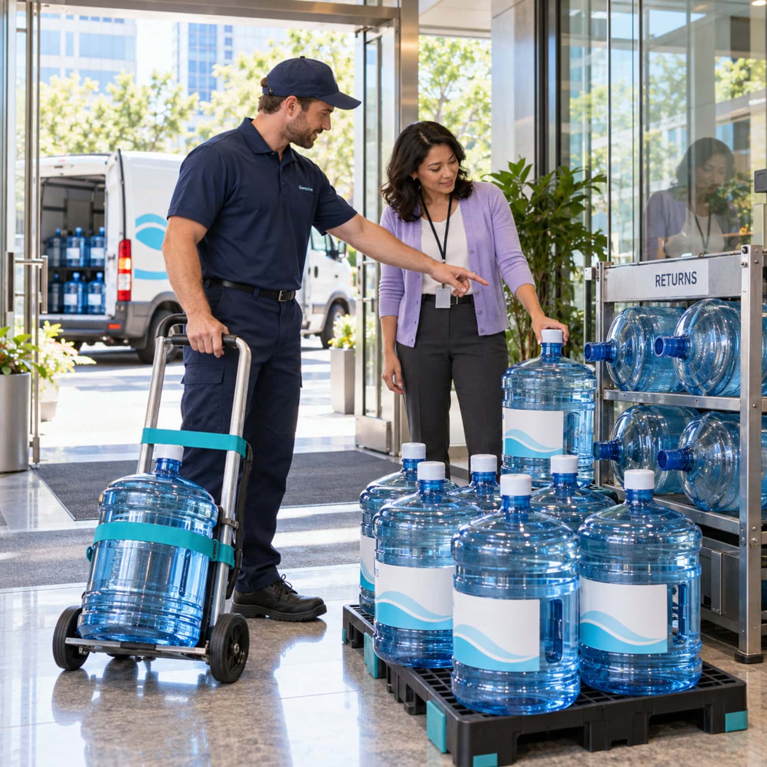 Bottled water business delivery driver stages reusable 5-gallon bottles for several tenants in one office building.