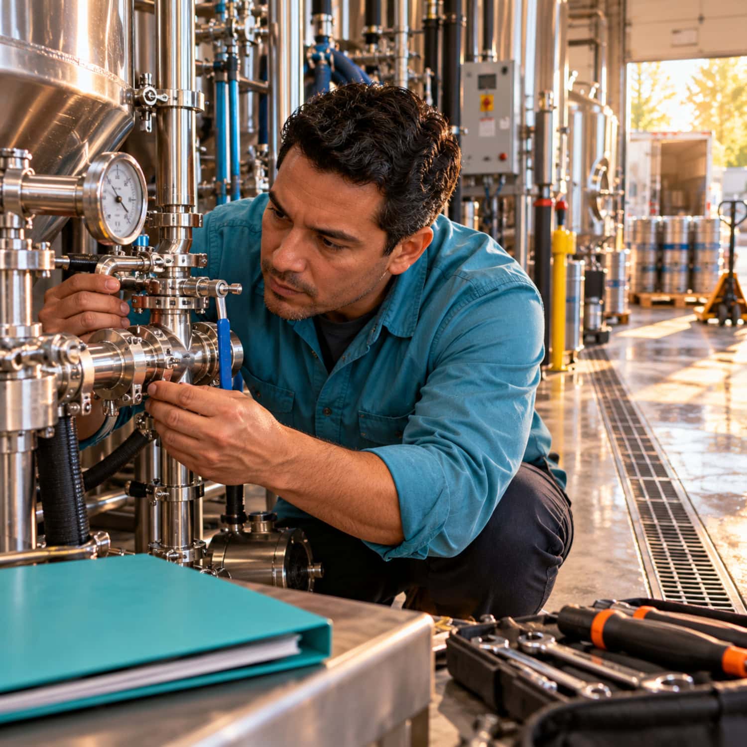 How to Start a Brewery That Can Pay Its Owner 28 Brewery technician inspects a valve on used equipment with drains, utilities, and a closed lease folder nearby.