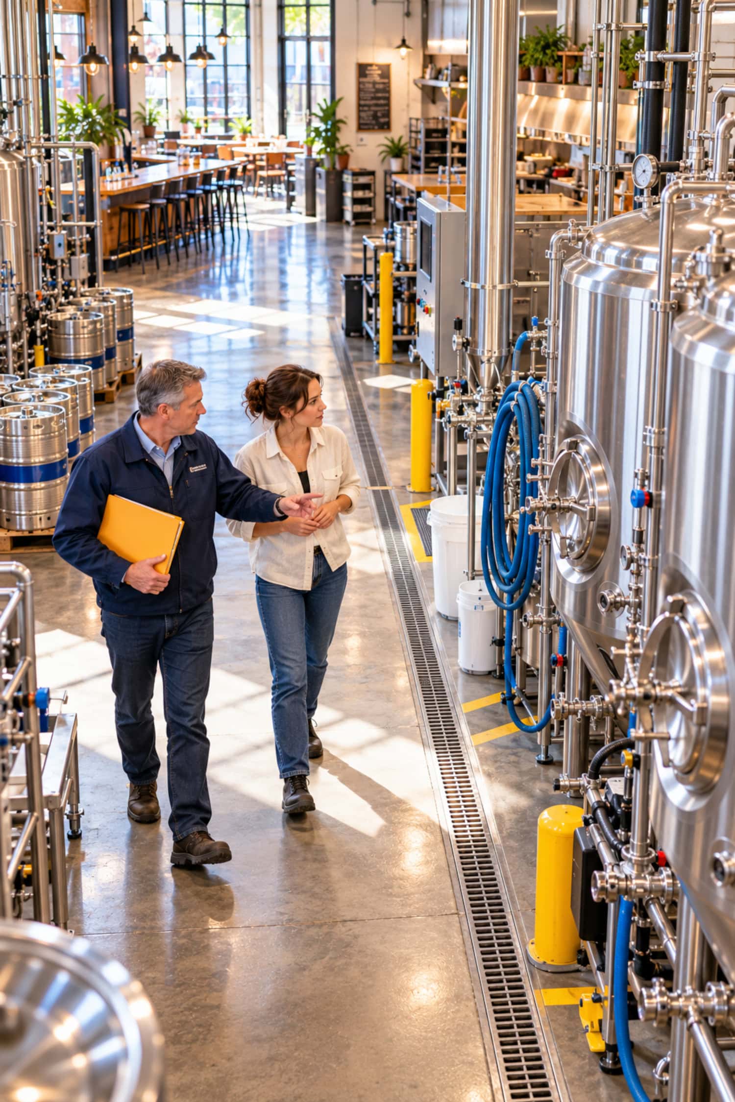 How to Start a Brewery That Can Pay Its Owner 26 Brewery founder and local inspector review tank clearance and utilities during a building and fire approval visit.