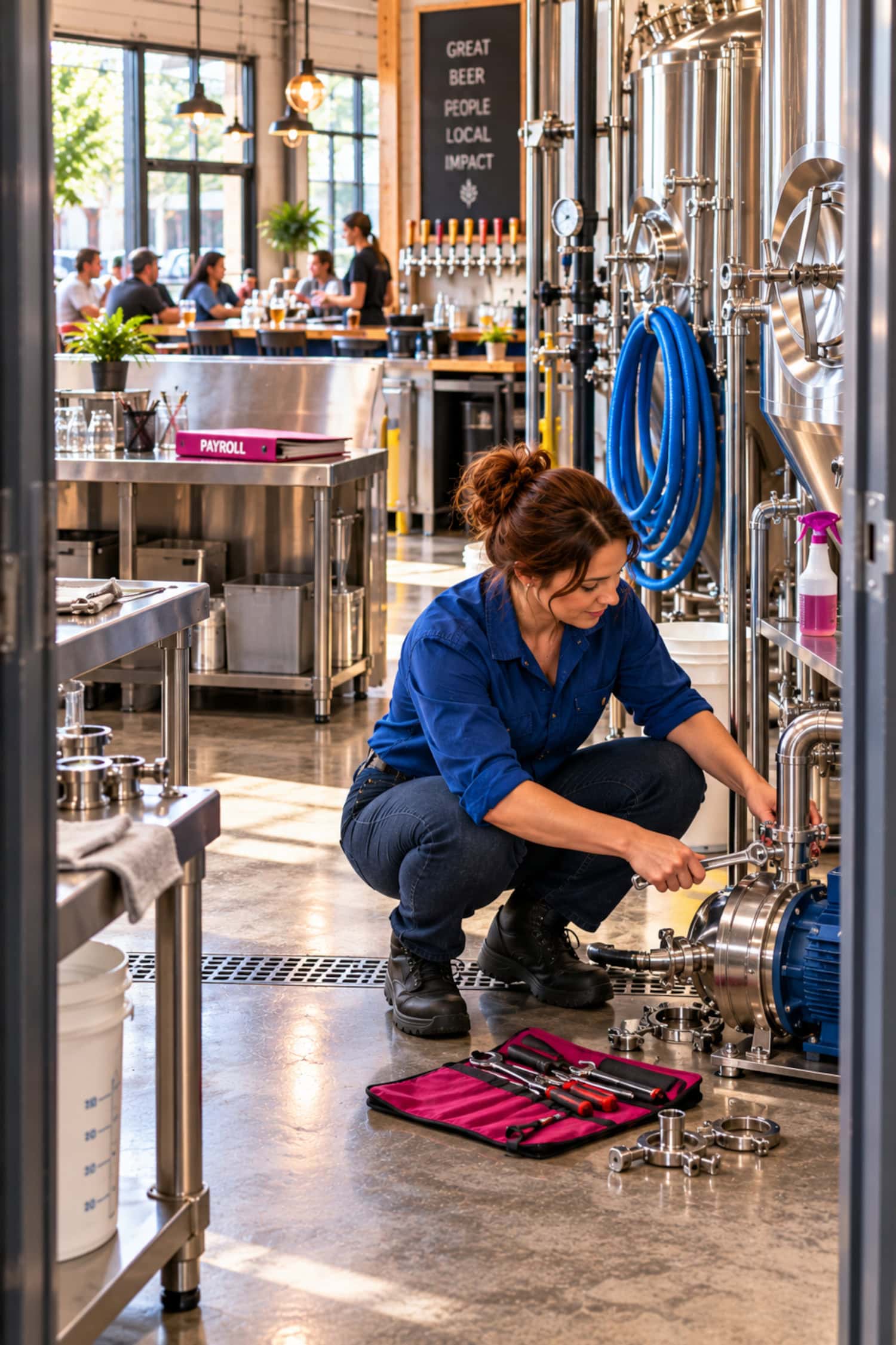 How to Start a Brewery That Can Pay Its Owner 27 Brewery owner repairs a pump beside cleaning gear while the taproom station and closed payroll folder sit nearby.