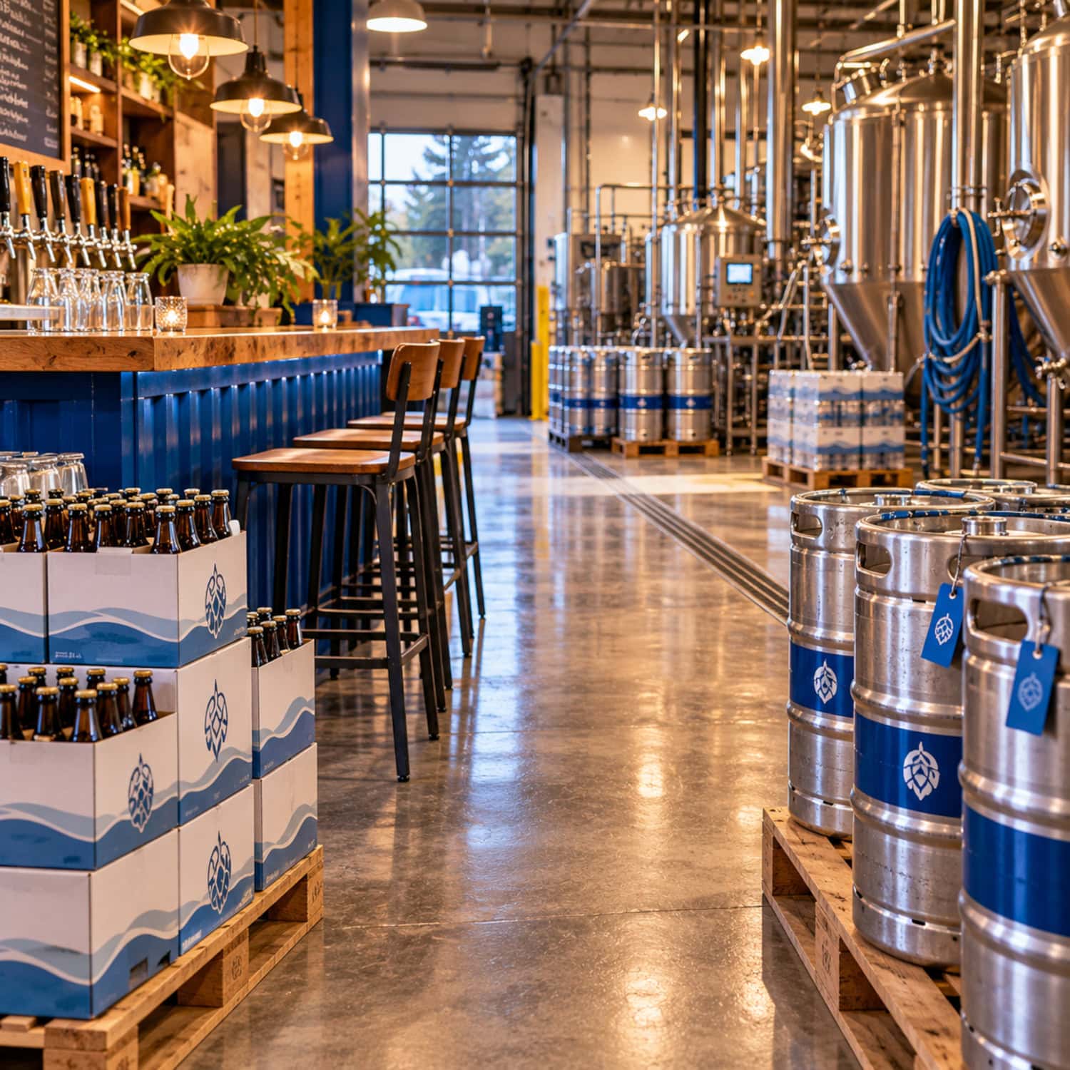 How to Start a Brewery That Can Pay Its Owner 25 Brewery inventory beside a taproom bar shows packaged beer, wholesale kegs, and cellar tanks sized for realistic demand.