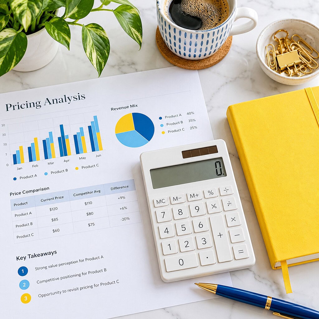 Business Coach vs Consultant vs Mentor and Who to Hire 3 Business coach vs consultant vs mentor topic shown through a pricing workspace with calculator and closed notebook.