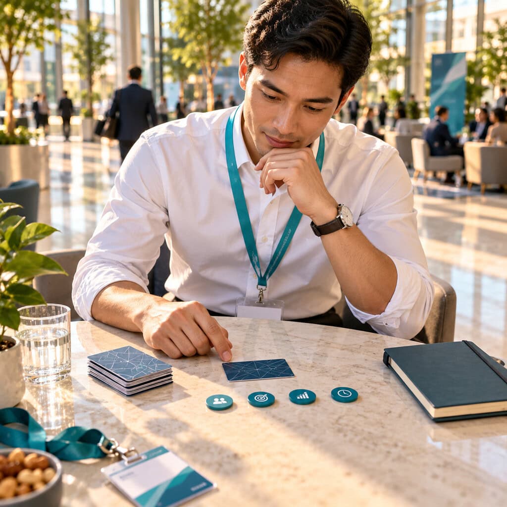 Business Development Manager qualifies conference contacts at a bright atrium table with teal lanyard and face-down cards.