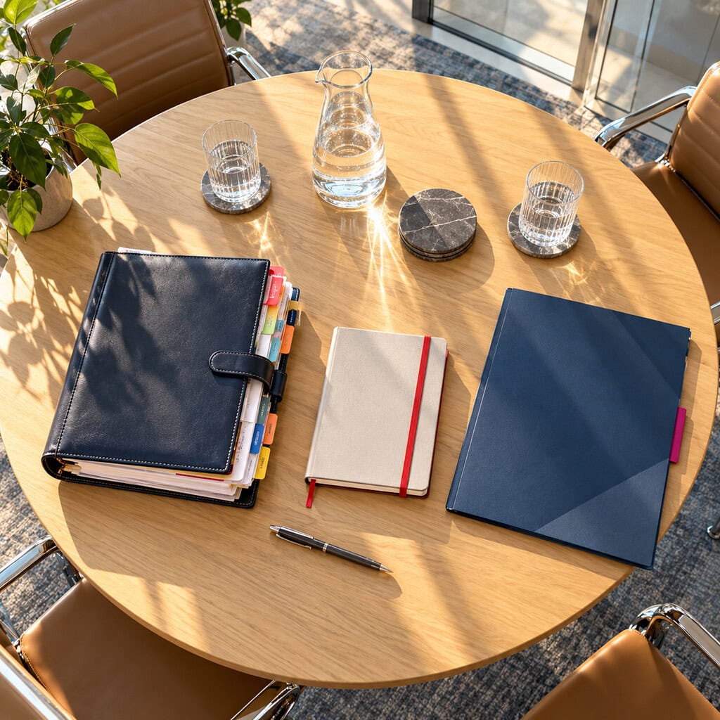 Business Development Manager meeting planner sits beside a closed qualification notebook after a day of high meeting volume.