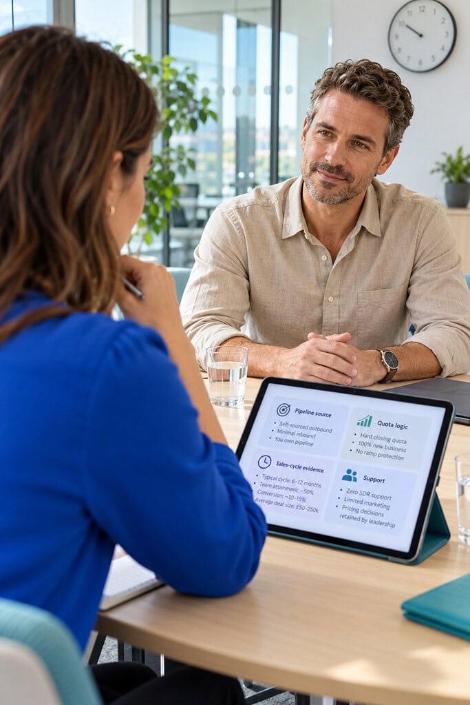 Business Development Manager candidate reviews pipeline source, quota logic, sales cycle, and support during an interview.