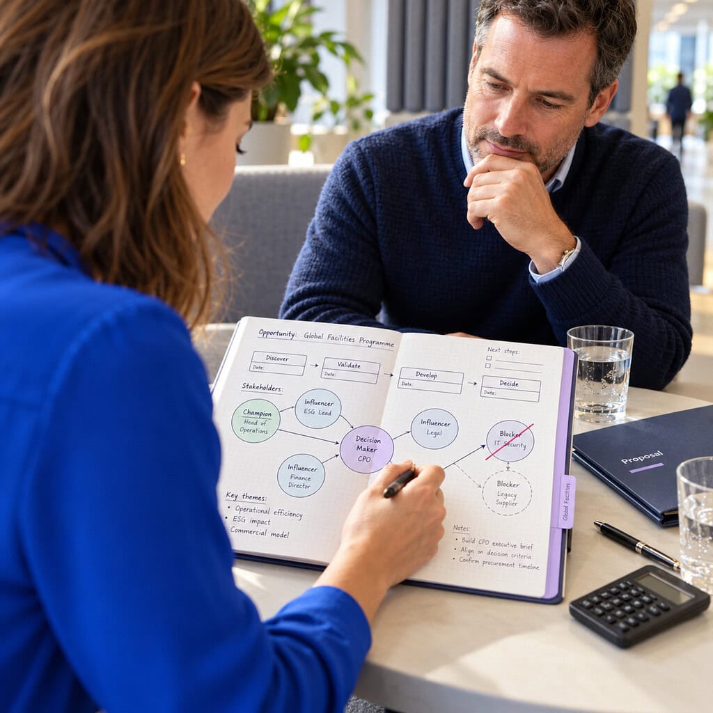 Business Development Manager maps stakeholders with a client, qualifying a long-cycle deal while protecting offer value.