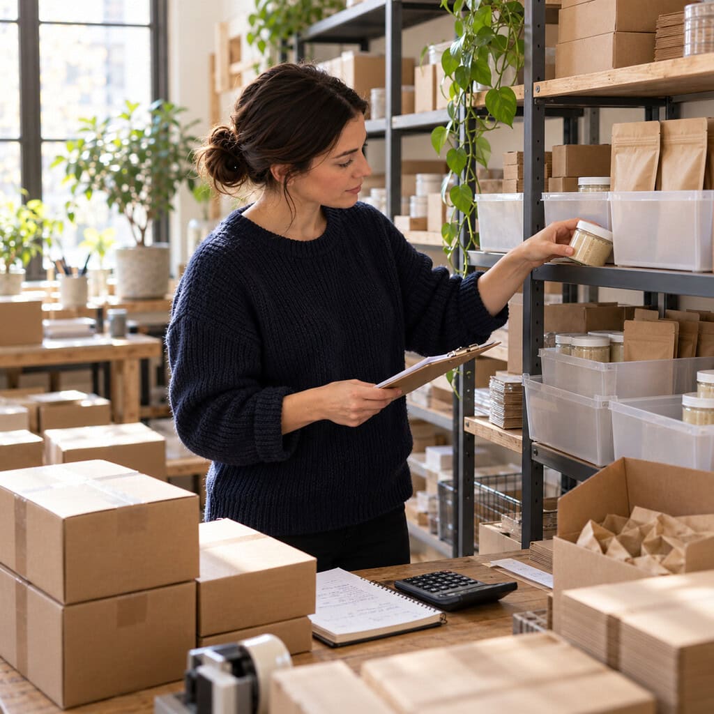 How to Write a Business Plan: Evidence Before Formatting 6 Founder checking half-empty stock bins and packed orders with a calculator, updating a business plan with actual results.