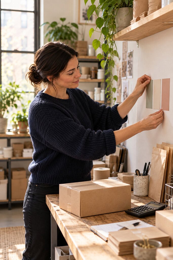 How to Write a Business Plan: Evidence Before Formatting 7 Founder placing three colored cards above a workbench, summarizing the core rules of a business plan.