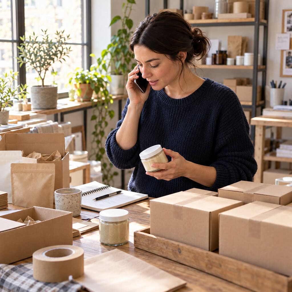 How to Write a Business Plan: Evidence Before Formatting 3 Founder taking a customer inquiry call while holding a sample product in a workshop, illustrating business plan demand proof.