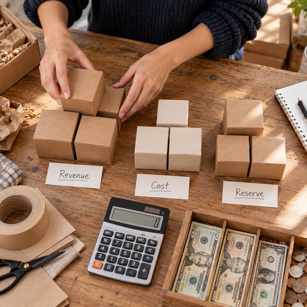How to Write a Business Plan: Evidence Before Formatting 4 Hands sorting product boxes beside a calculator in a packing area, showing business plan financial assumptions.