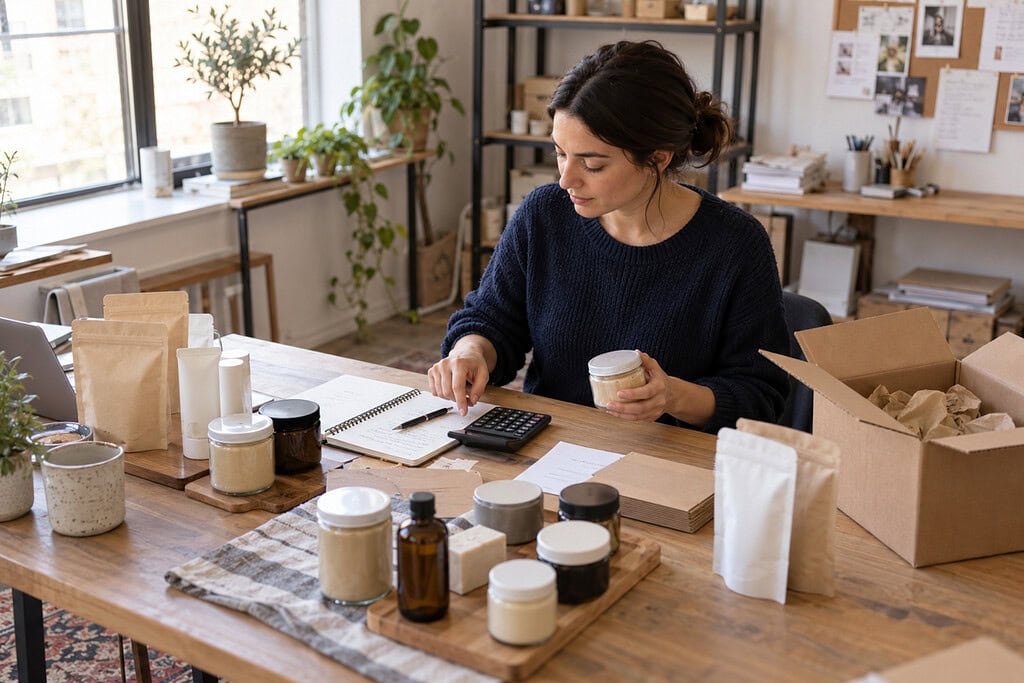 How to Write a Business Plan: Evidence Before Formatting 2 Founder organizing samples, calculator, and shipping box at a worktable, showing the business plan process.