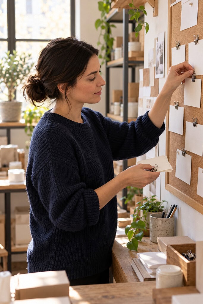 How to Write a Business Plan: Evidence Before Formatting 5 Founder arranging blank index cards and binder clips on a corkboard, building a business plan from prior research.