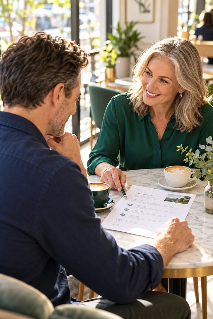 Business Coach vs Consultant vs Mentor and Who to Hire 4 Business coach vs consultant vs mentor choice shown as a founder reviewing an engagement scope with a prospective advisor.