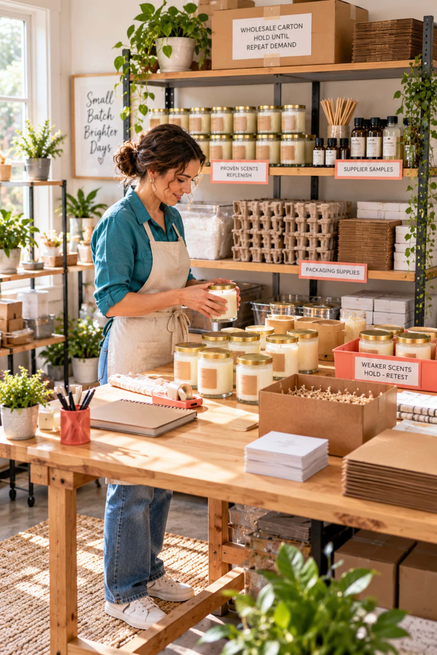 How to Start a Candle Business From First Batch to First Sale 5 Founder replenishes proven scents while weak products and a wholesale carton stay aside in a candle business launch area.