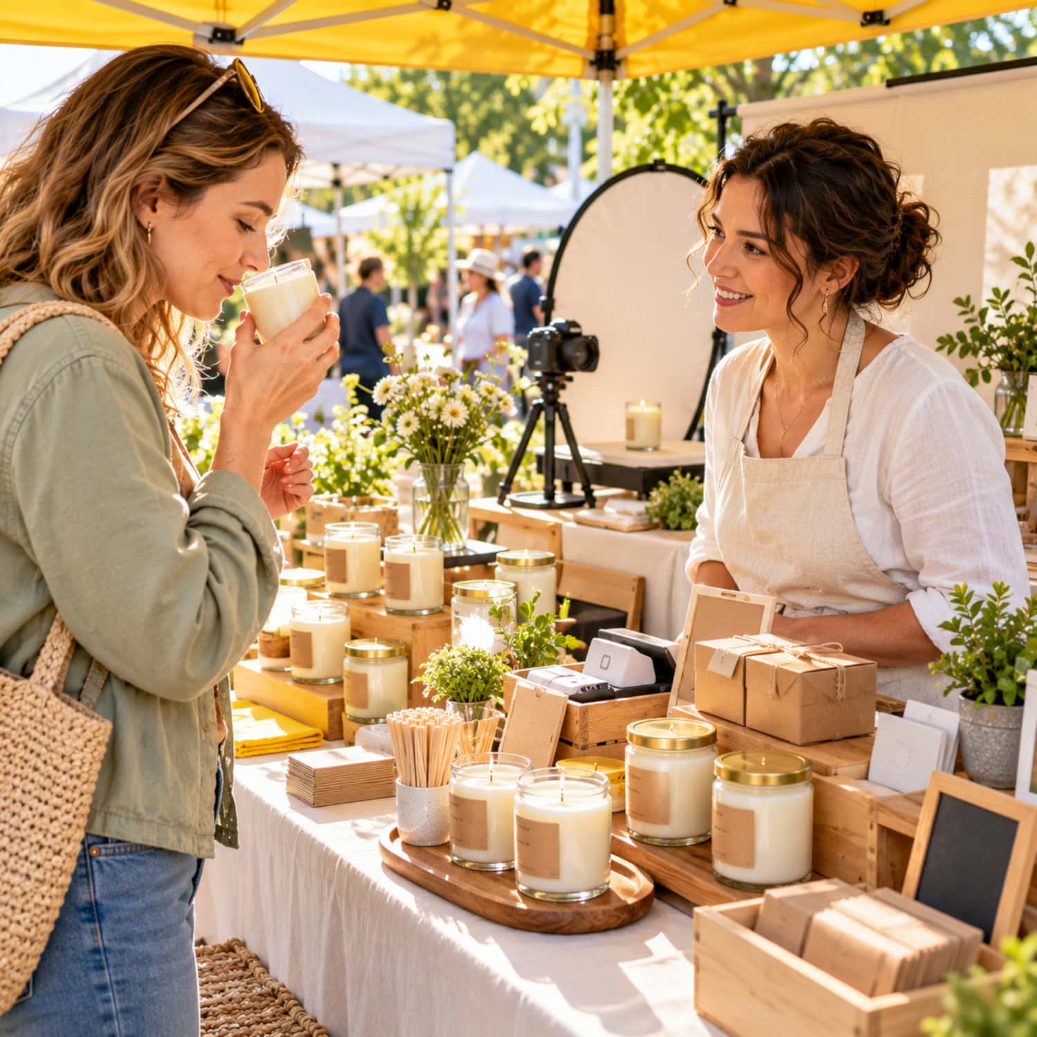 How to Start a Candle Business From First Batch to First Sale 3 Shopper pauses to smell candle jars at a spring market booth while a maker prepares candle business product photos.