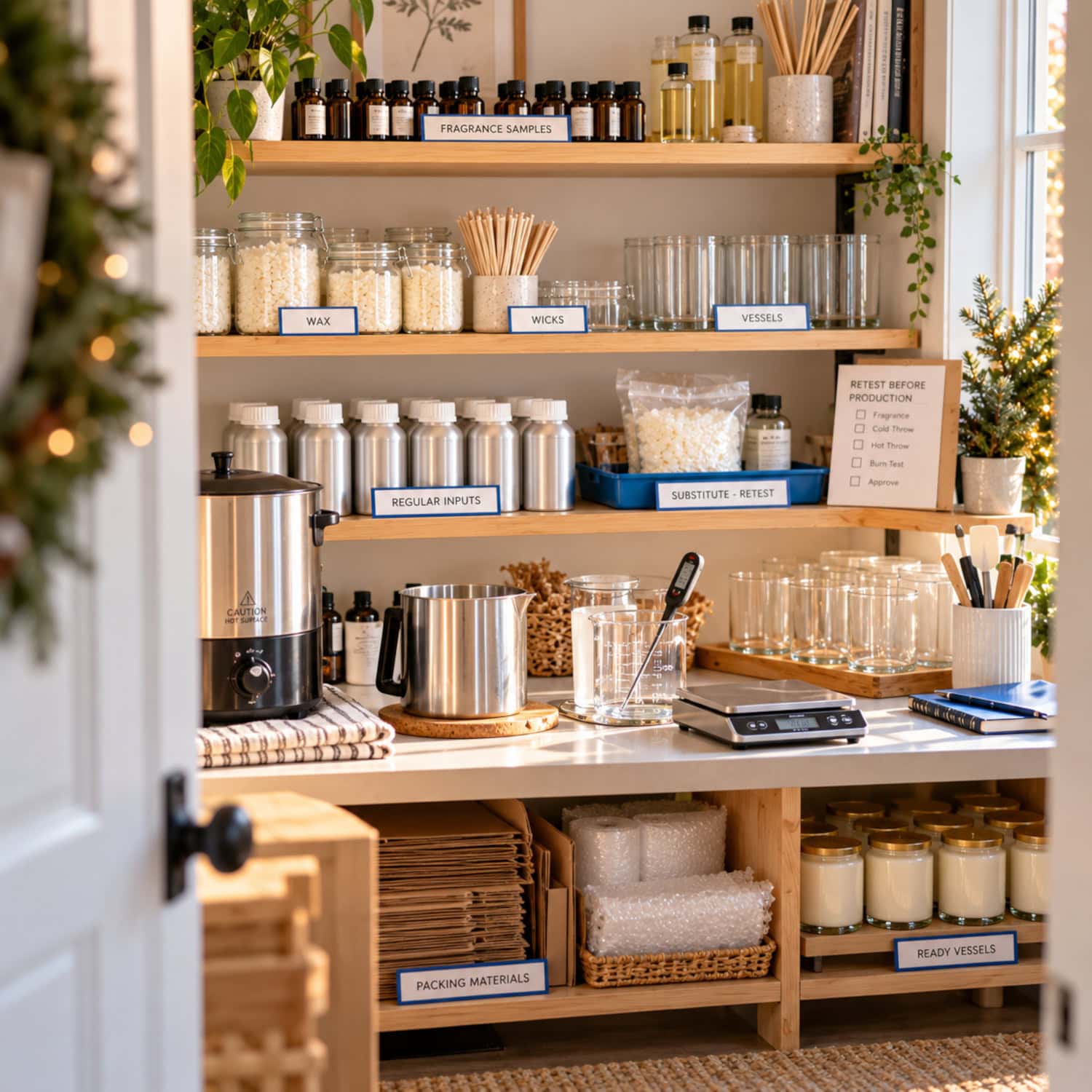 How to Start a Candle Business From First Batch to First Sale 4 Organized candle business supply alcove with fragrance samples, production inputs and a substitute set aside for retesting.