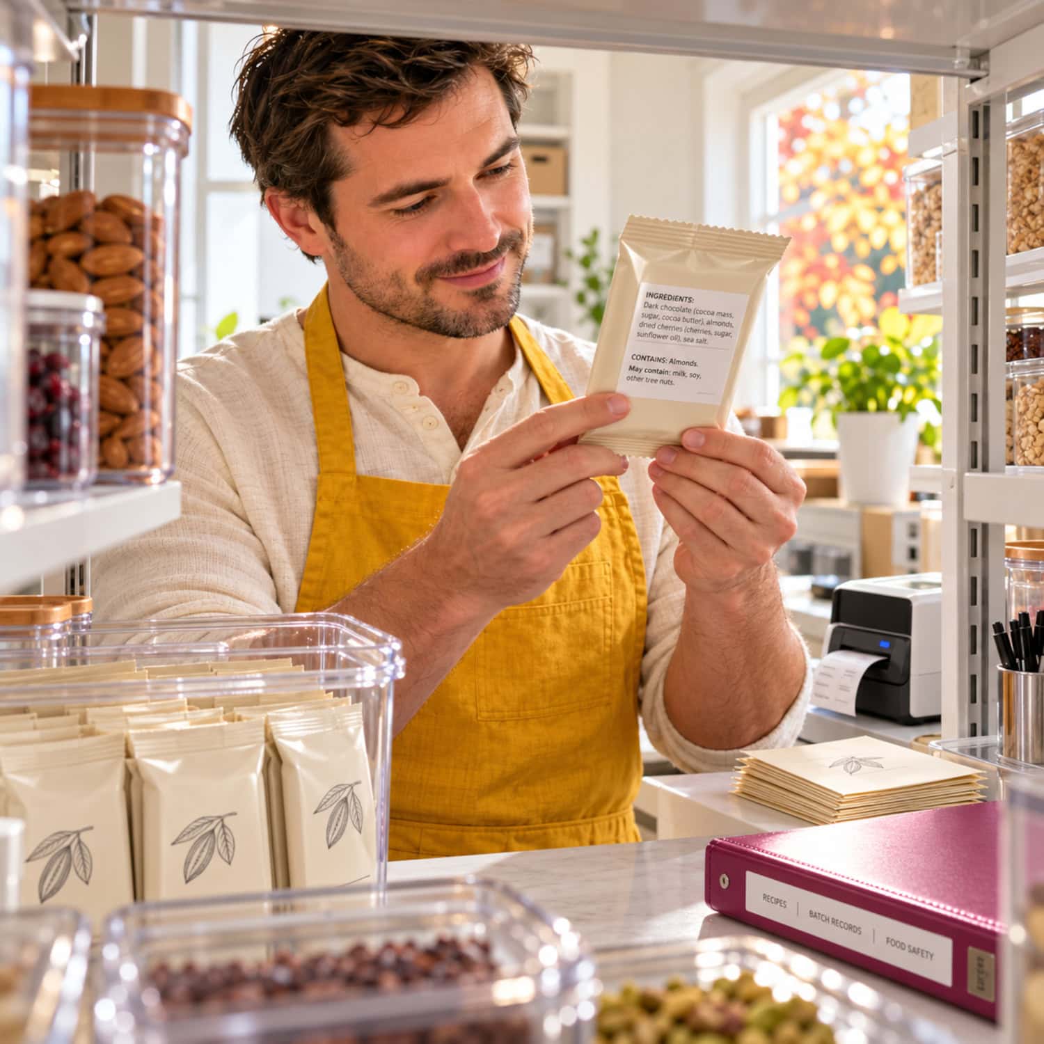 How to Start a Candy Business With Real Buyers First 26 Candy business founder checks the label of a sealed chocolate pack beside records in a clean storage alcove.