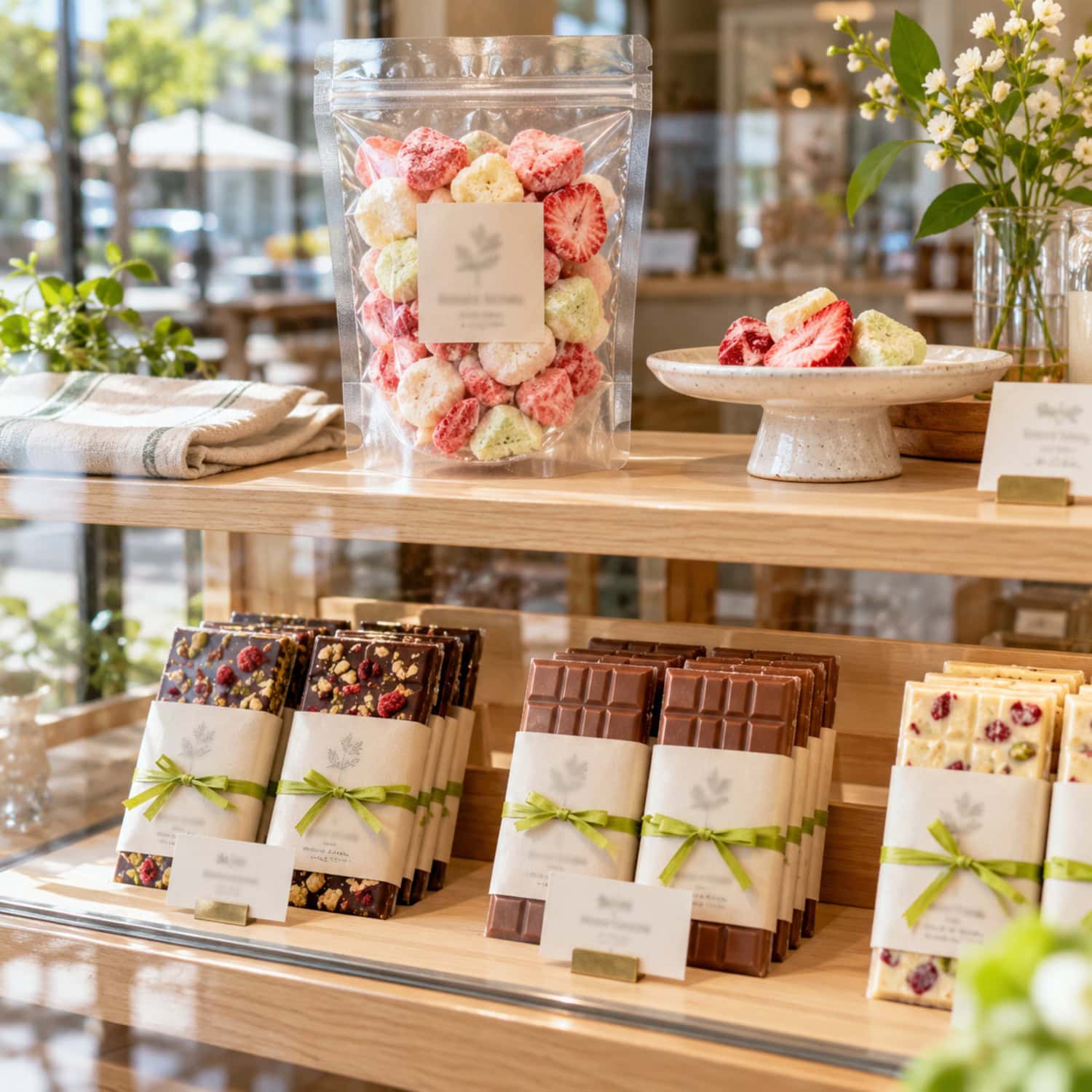 How to Start a Candy Business With Real Buyers First 27 Gift-ready chocolate bars and freeze-dried sweets form a focused candy business assortment on a cafe shelf.