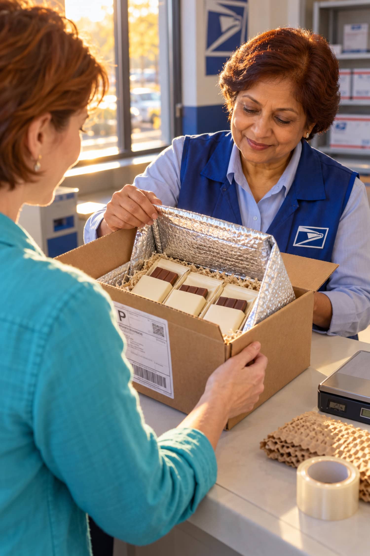 How to Start a Candy Business With Real Buyers First 25 Online candy business founder hands an insulated chocolate parcel to a postal clerk at a bright shipping counter.