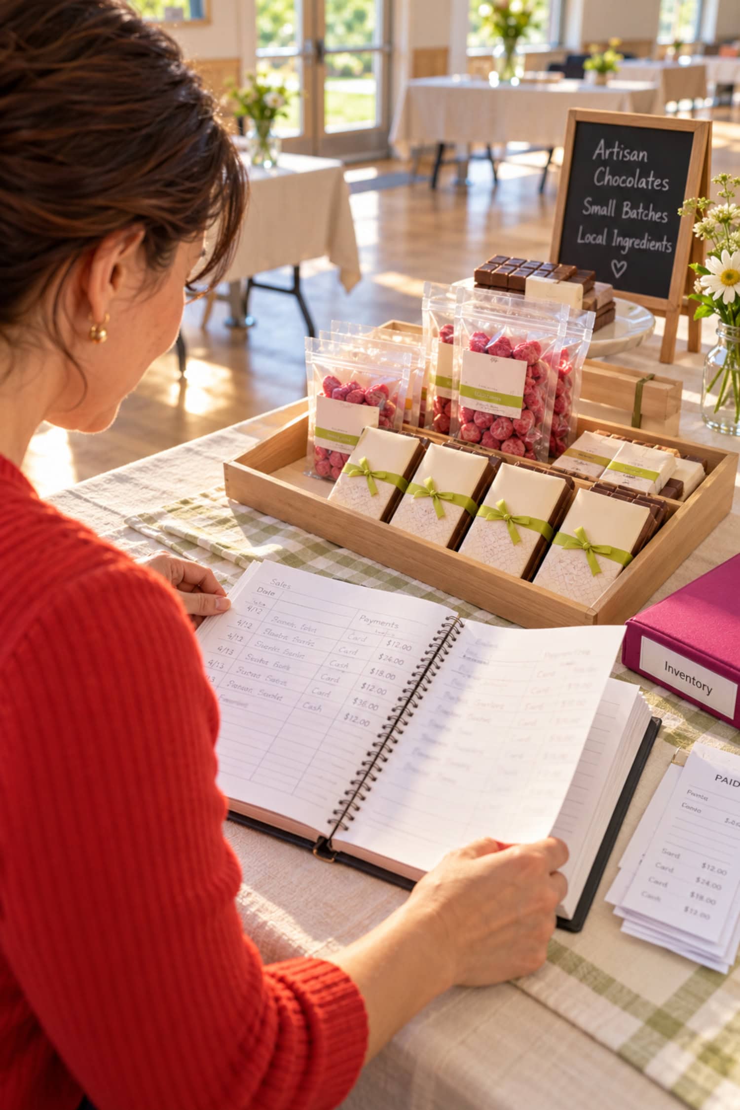 How to Start a Candy Business With Real Buyers First 28 Candy business founder reviews paid orders and remaining candy packets at a community hall trial sales table.