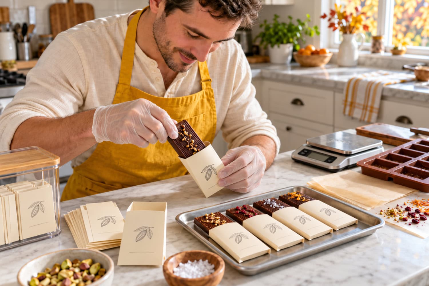 How to Start a Candy Business With Real Buyers First 24 Founder wraps handmade chocolate bars in a bright home kitchen while starting a candy business with small batches.