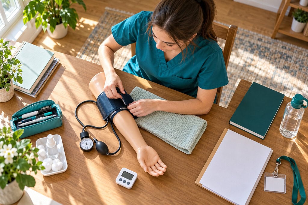CNA Certification Exam Requirements and How to Prepare in the US 2 CNA certification exam requirements and how to prepare shown by a candidate practicing blood pressure beside a handbook.