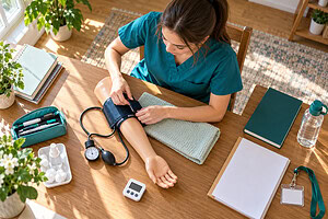 CNA certification exam requirements and how to prepare shown by a candidate practicing blood pressure beside a handbook.