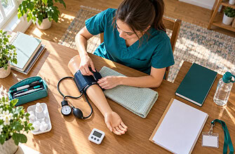 CNA certification exam requirements and how to prepare shown by a candidate practicing blood pressure beside a handbook.