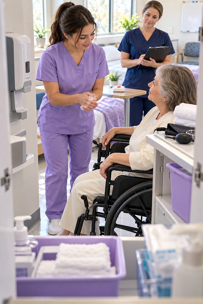 CNA Certification Exam Requirements and How to Prepare in the US 3 CNA certification exam requirements and how to prepare shown in a safe wheelchair transfer observed by an evaluator.