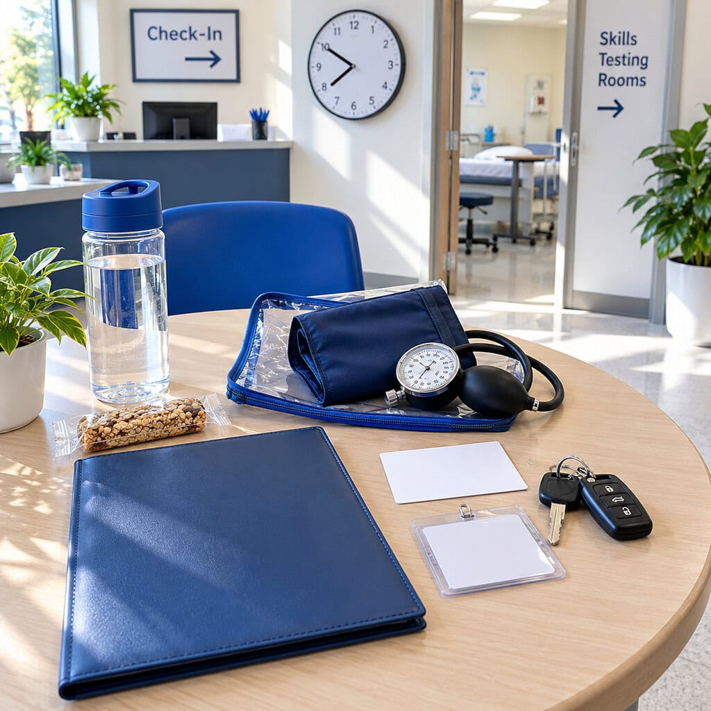 CNA Certification Exam Requirements and How to Prepare in the US 4 CNA certification exam requirements and how to prepare shown with ID, water, travel items, and an unfamiliar test cuff.