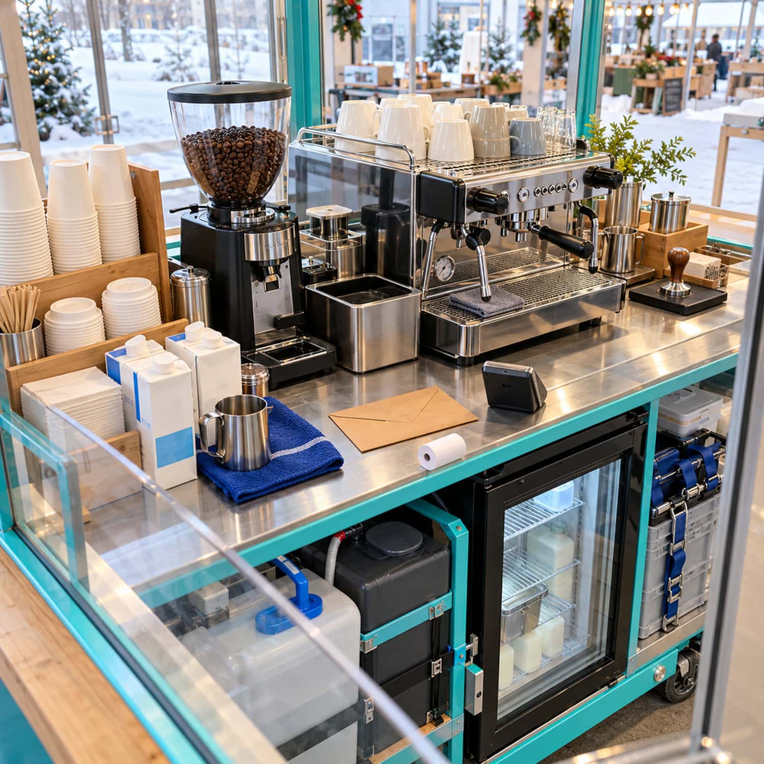 How to Start a Coffee Cart Business With a Viable First Site 25 Coffee cart business supplies behind glass: a grinder, milk cartons, cups, and a compact espresso machine.