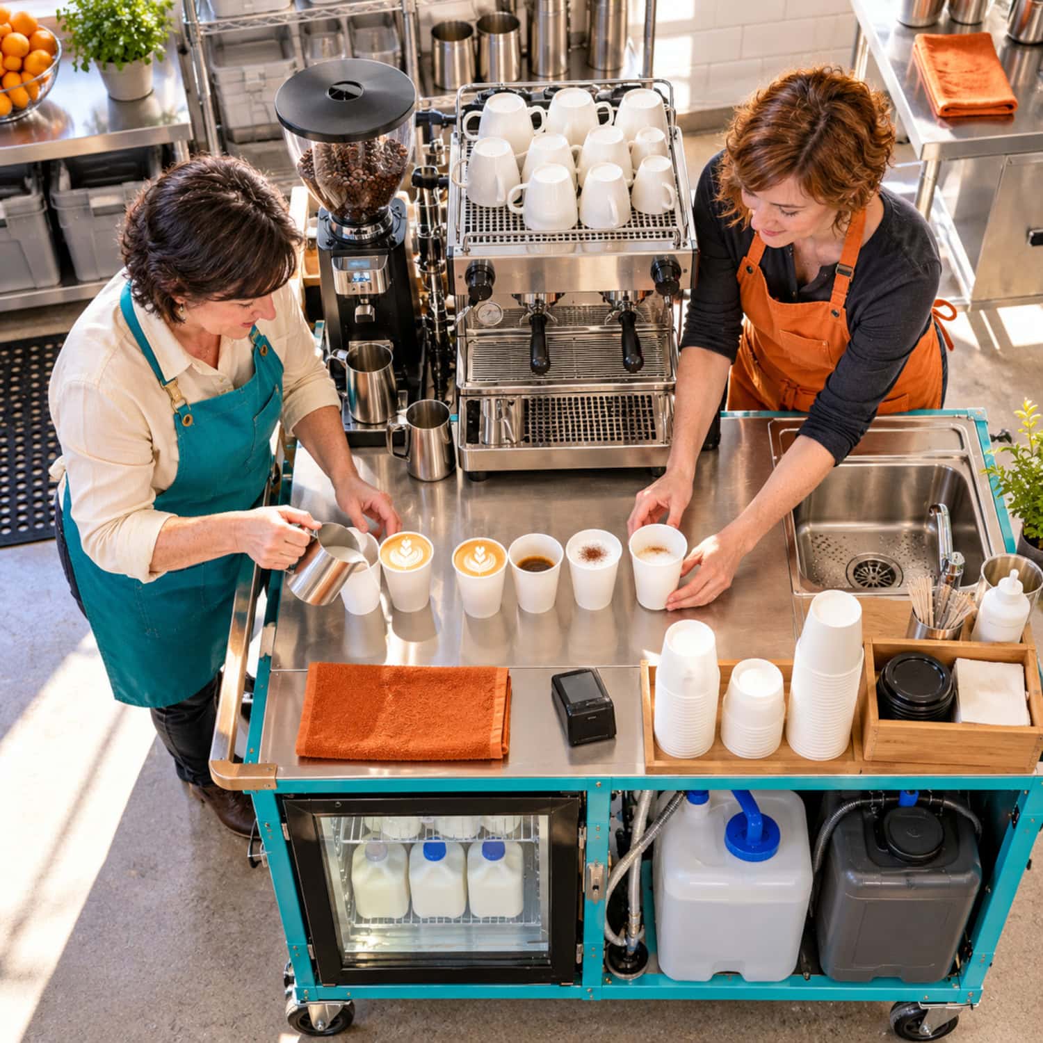 How to Start a Coffee Cart Business With a Viable First Site 27 A coffee cart business owner and assistant rehearse event service with milk pitchers, paper cups, and a cleaning sink.