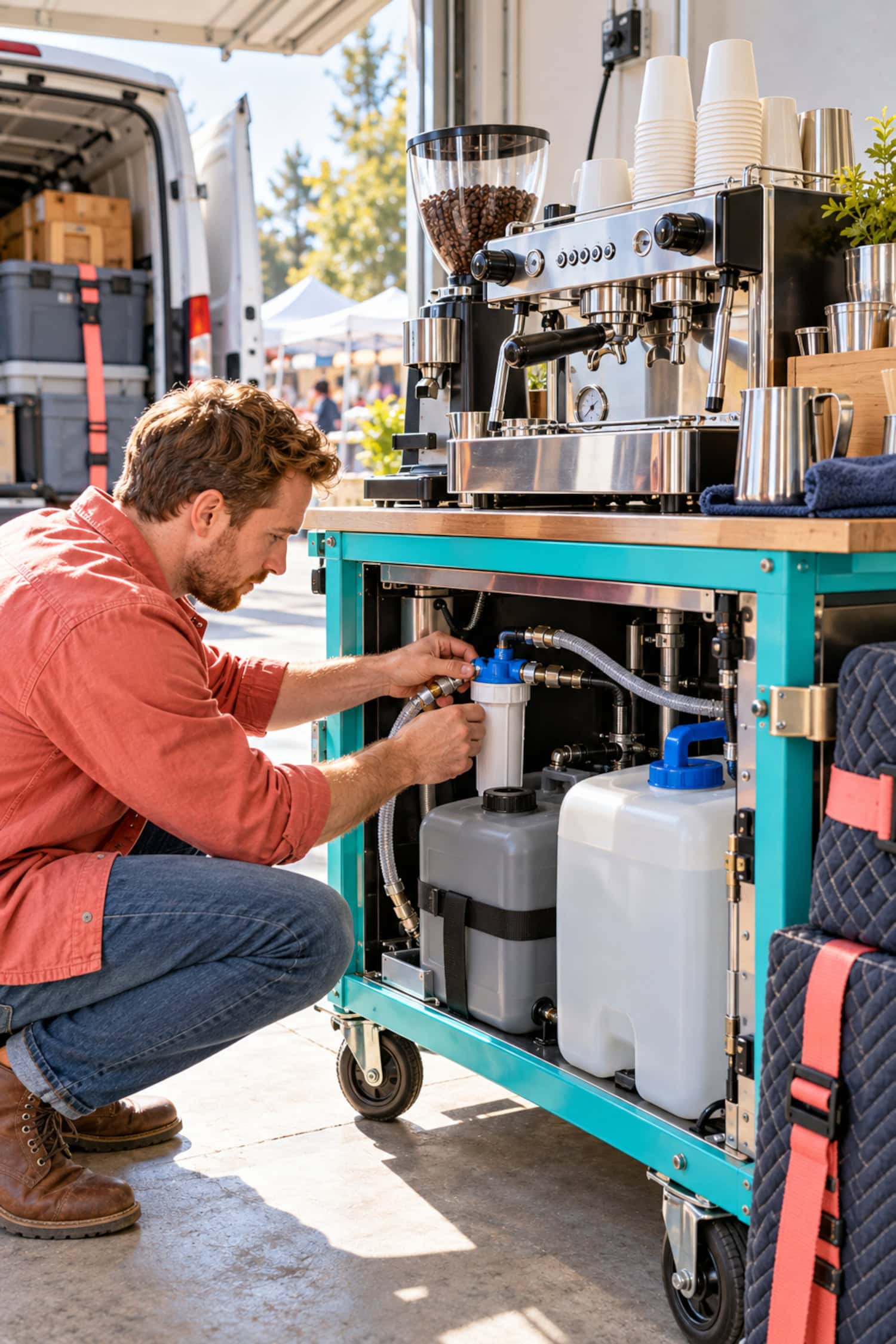 How to Start a Coffee Cart Business With a Viable First Site 26 A coffee cart business barista fits a water filter beside a mobile espresso cart and its protective transport padding.