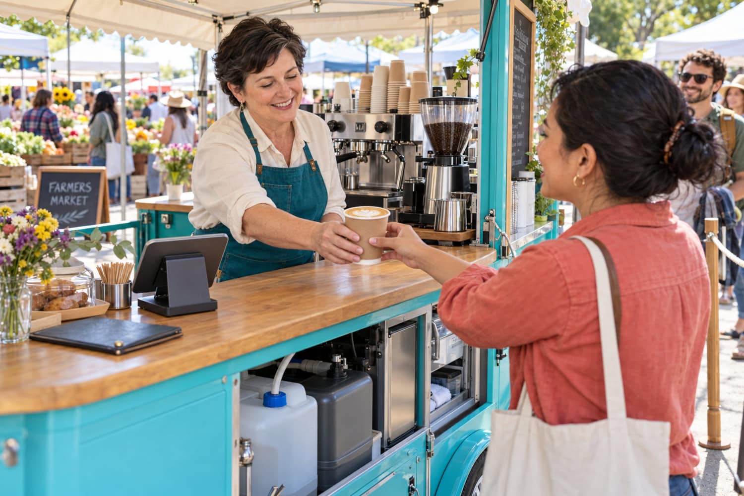 How to Start a Coffee Cart Business With a Viable First Site 24 A coffee cart business owner hands fresh espresso to a customer at a weekend farmers market beside a compact cart.