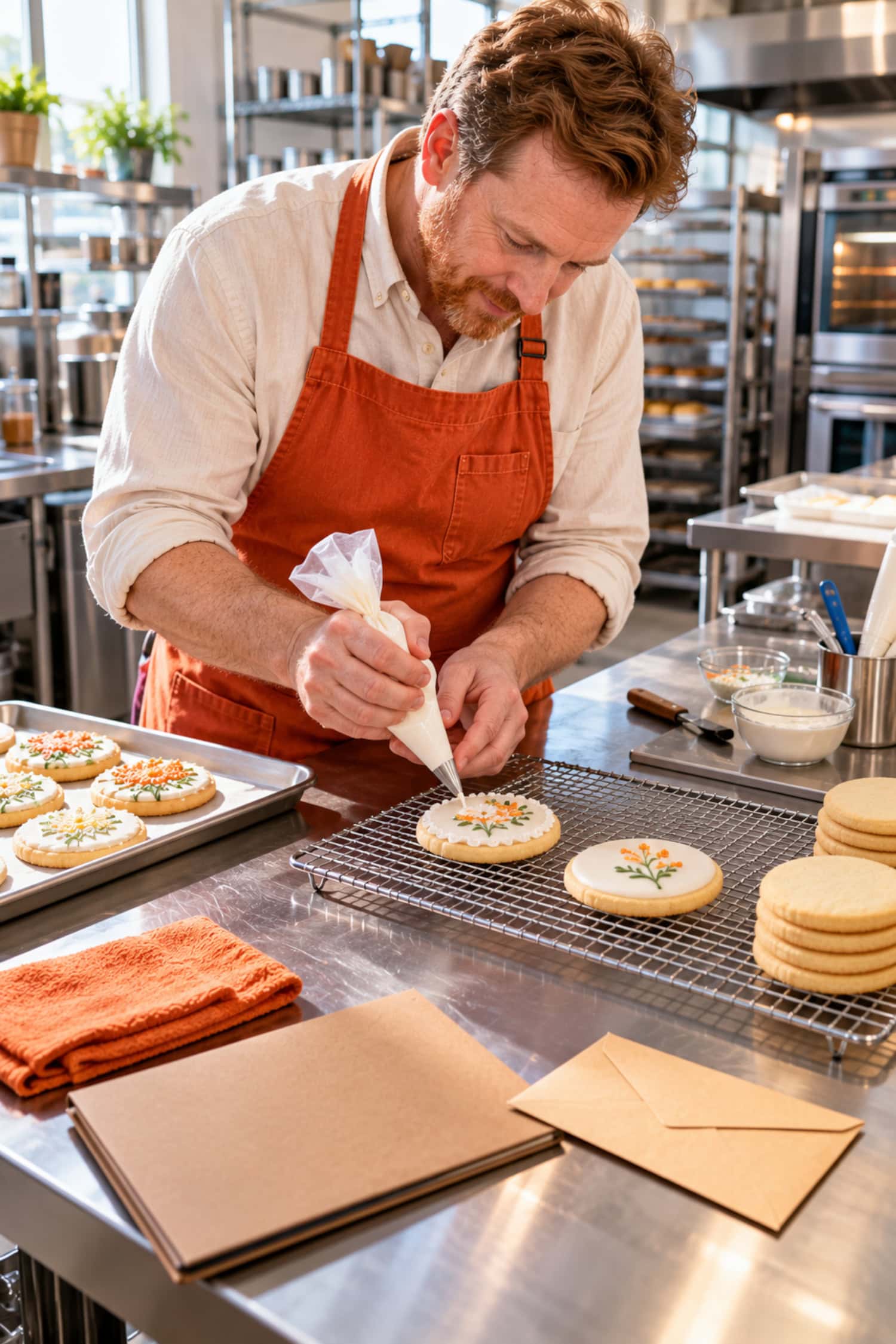 How to Start a Cookie Business That Pays for Your Time 26 Decorator piping a custom cookie beside an approval folder, a step in how to start a cookie business with clear order terms.