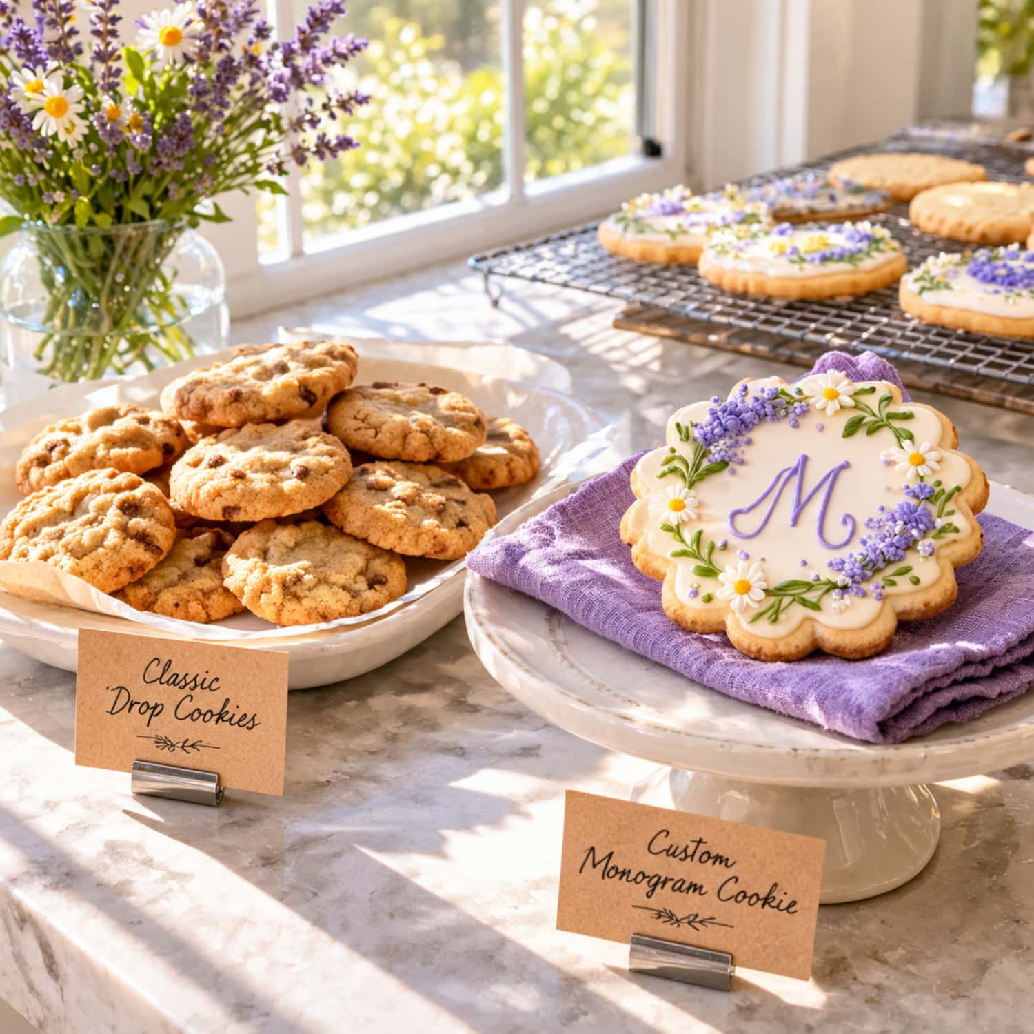 How to Start a Cookie Business That Pays for Your Time 27 Plain cookies and intricate iced shapes on separate trays, illustrating how to start a cookie business with a limited menu.