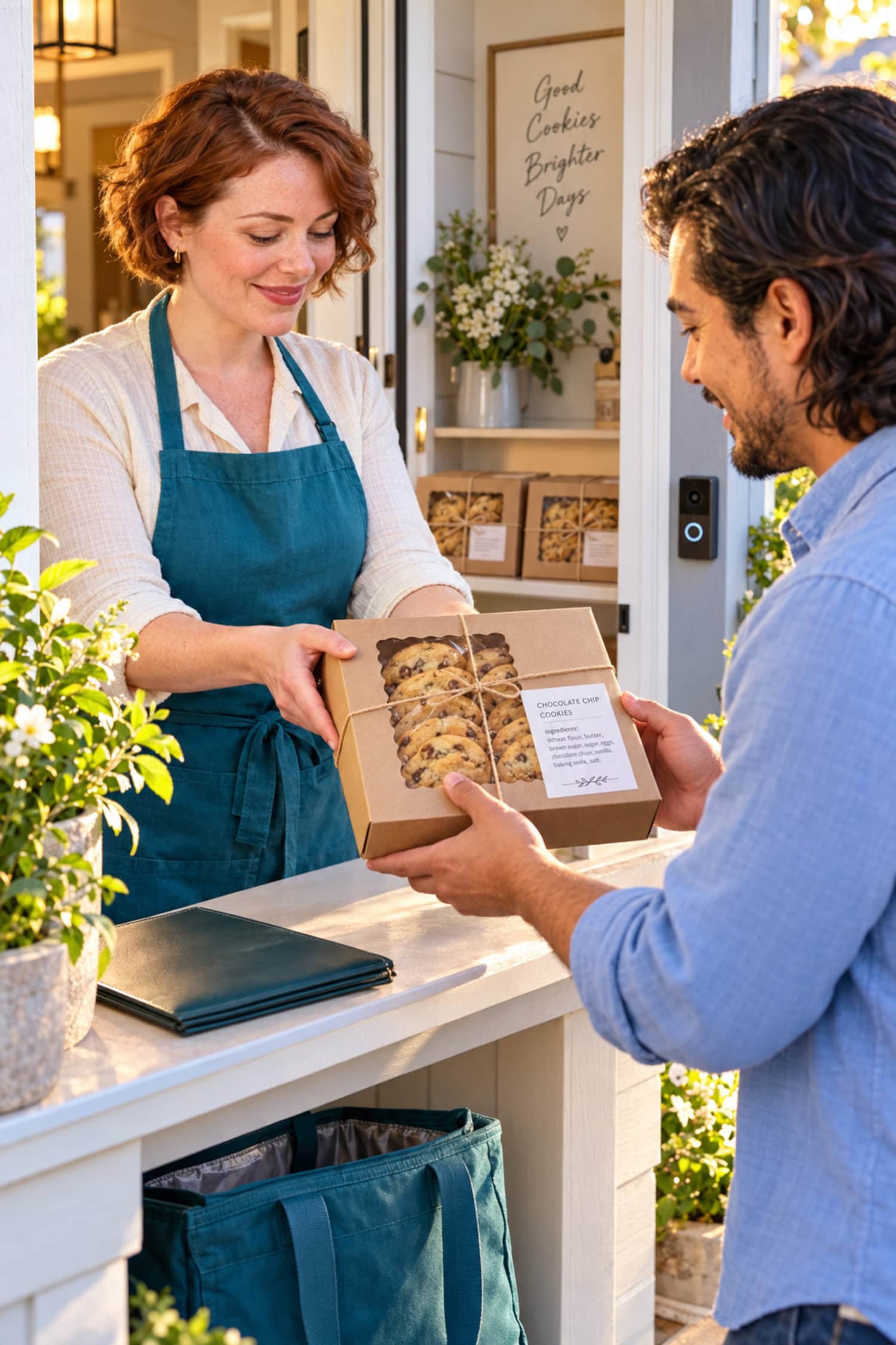 How to Start a Cookie Business That Pays for Your Time 28 Baker handing a paid, labeled preorder to a pickup customer, showing how to start a cookie business with scheduled handoffs.