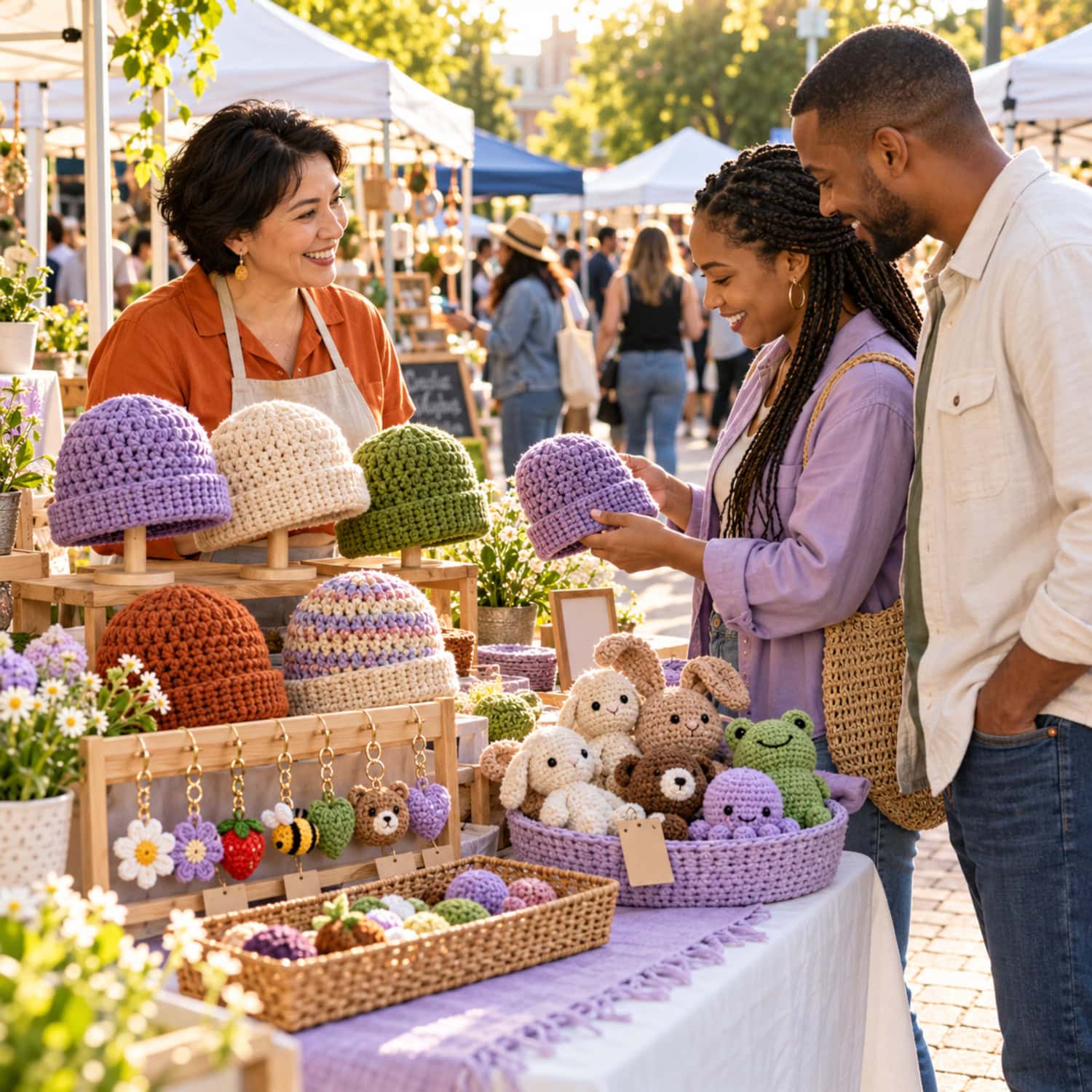 How to Start a Crochet Business That Pays for Your Time 3 Crochet business craft-fair stall with hats, keychains, plush items, and local shoppers browsing the display.