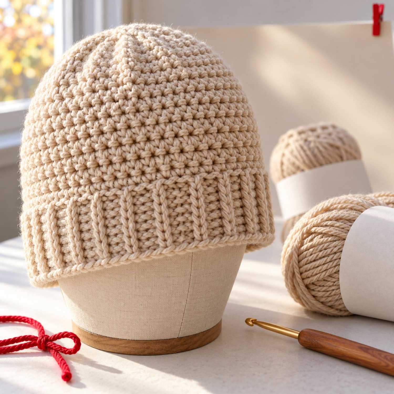 How to Start a Crochet Business That Pays for Your Time 4 Crochet business quality check showing a finished hat, repeat-order yarn, even stitches, and a clean photo setup.