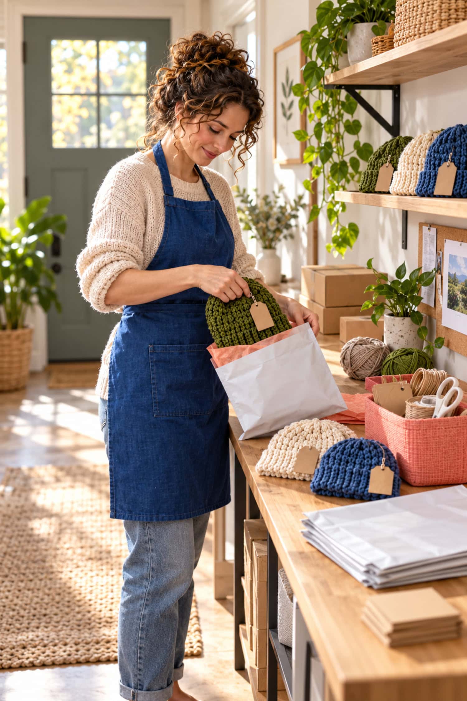 How to Start a Crochet Business That Pays for Your Time 5 Crochet business owner packing one item after a controlled first launch with limited inventory and supplies.