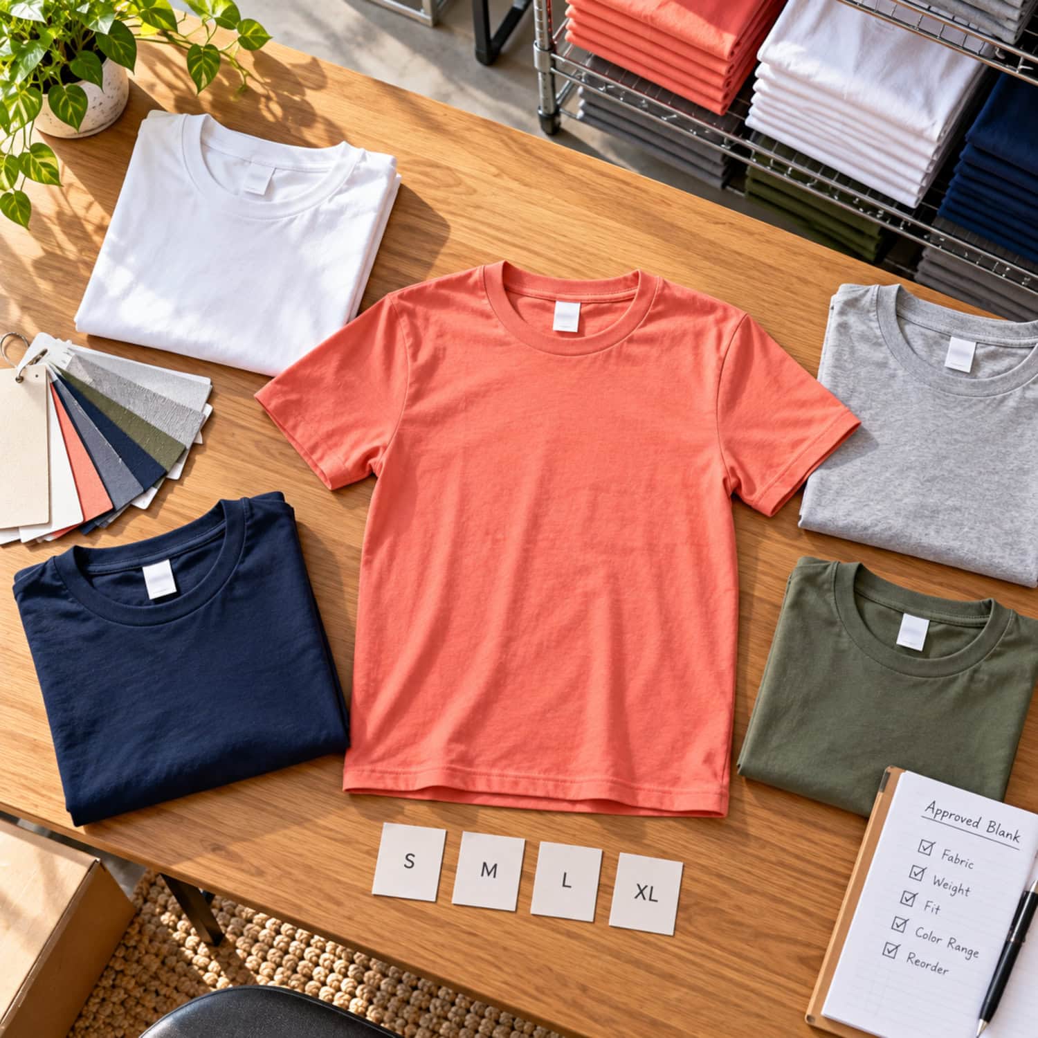 How to Start a Custom T-Shirt Business Without Buying Too Soon 13 Coral blank and folded samples show a controlled product range for a custom T-shirt business.