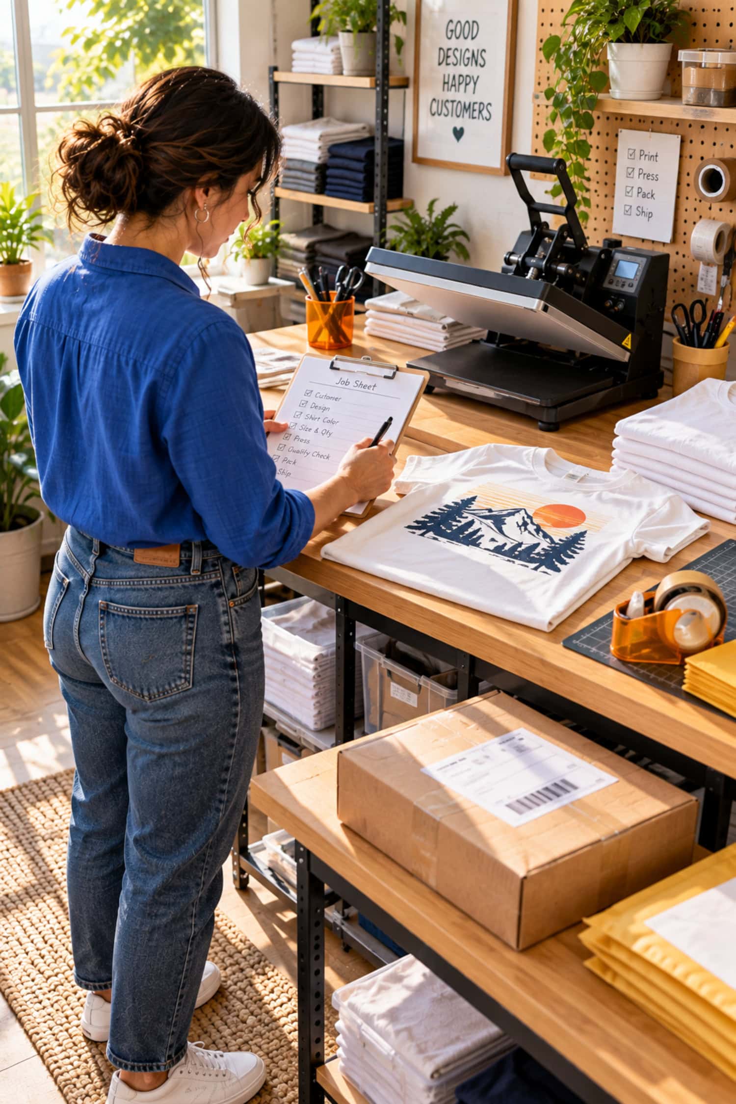 How to Start a Custom T-Shirt Business Without Buying Too Soon 14 Beginner completes a job sheet beside a heat press and package while launching a custom T-shirt business.