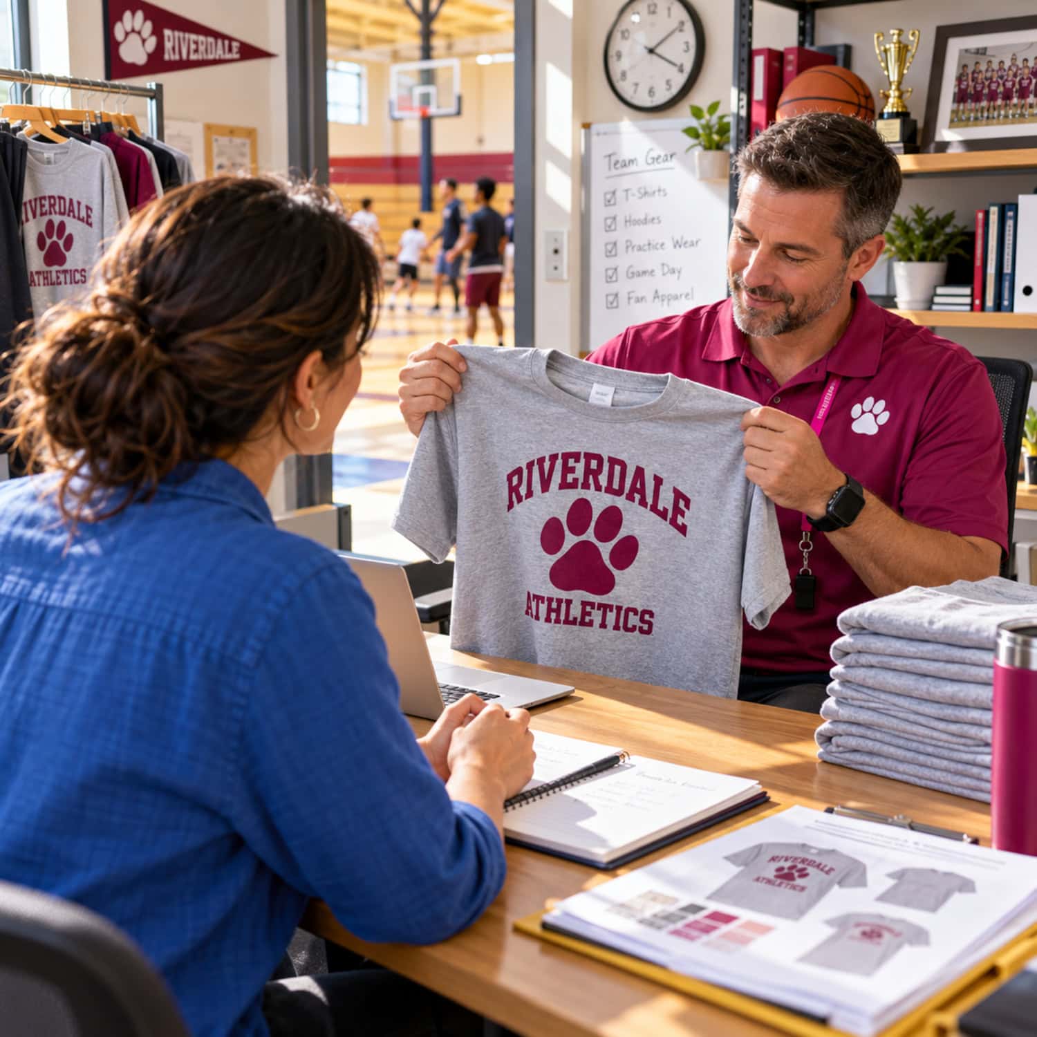 How to Start a Custom T-Shirt Business Without Buying Too Soon 11 Team coach reviews a sample shirt with a seller in a school office for a local custom T-shirt business order.