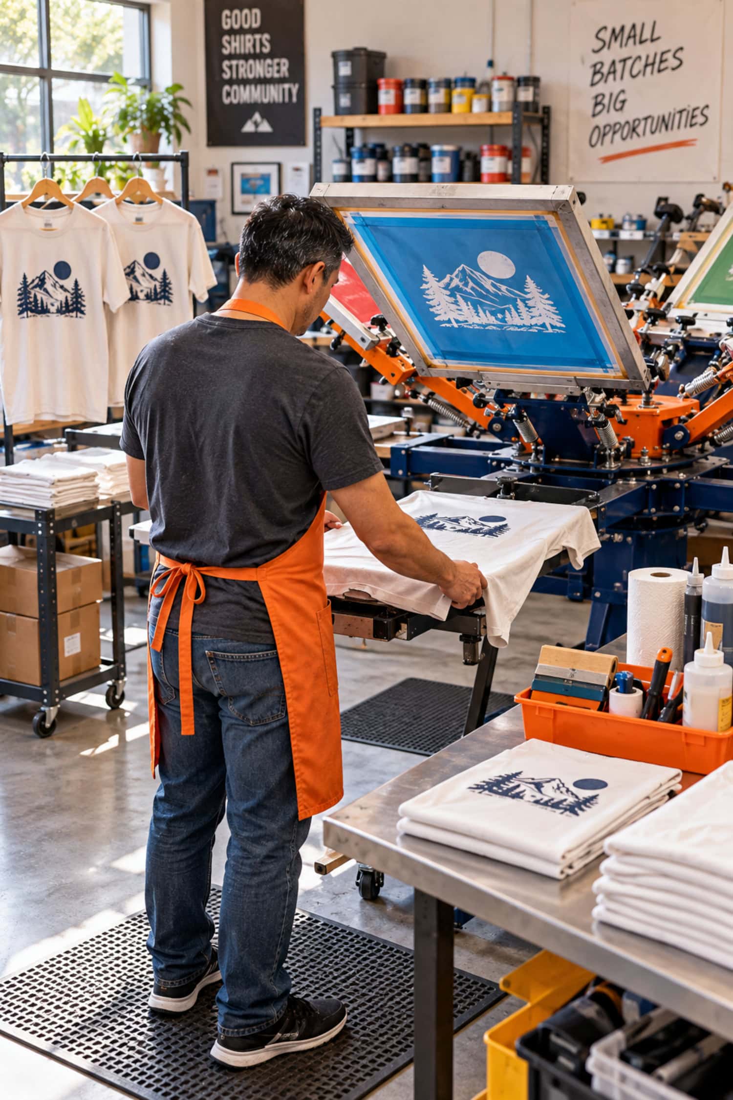 How to Start a Custom T-Shirt Business Without Buying Too Soon 12 Print operator runs a three-shirt reorder on a screen-printing press for a custom T-shirt business.