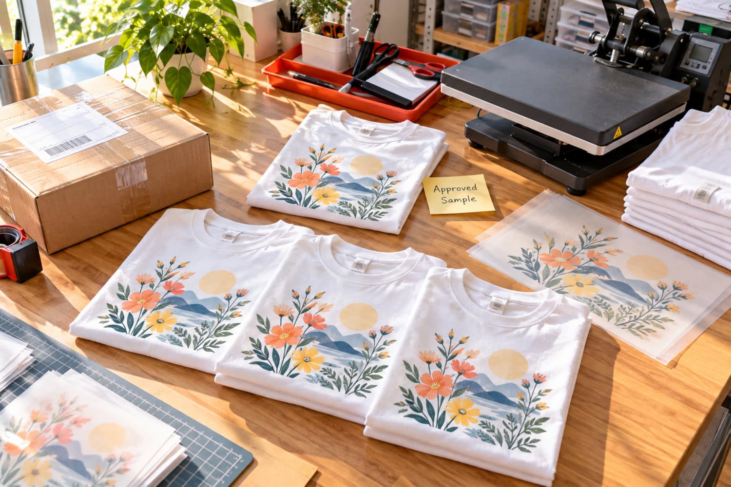 How to Start a Custom T-Shirt Business Without Buying Too Soon 10 Three-shirt repeat order beside a heat press and DTF transfer in a bright custom T-shirt business workspace.