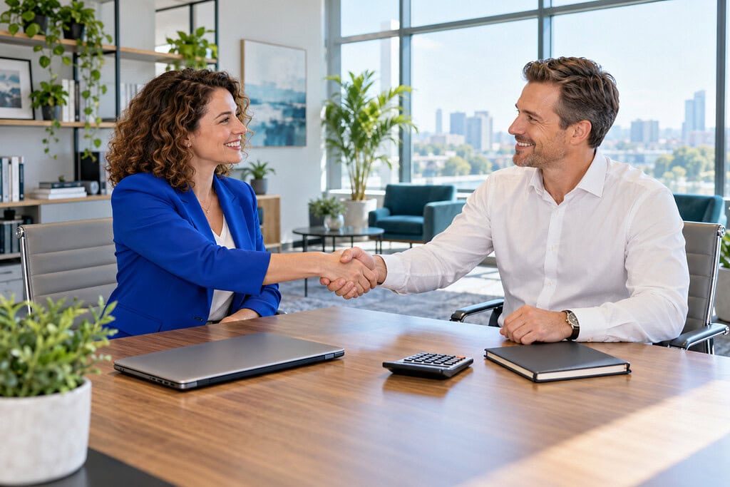 How to Cut Business Costs Without Hurting Growth 2 Small-business owner and adviser shake hands in a bright office after a review to cut business costs while protecting growth.