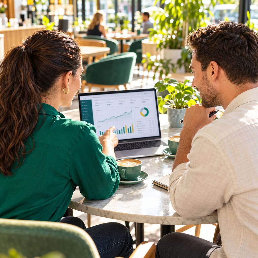 How to Cut Business Costs Without Hurting Growth 5 Marketing colleagues review a campaign dashboard in a bright cafe to cut business costs without weakening proven acquisition.